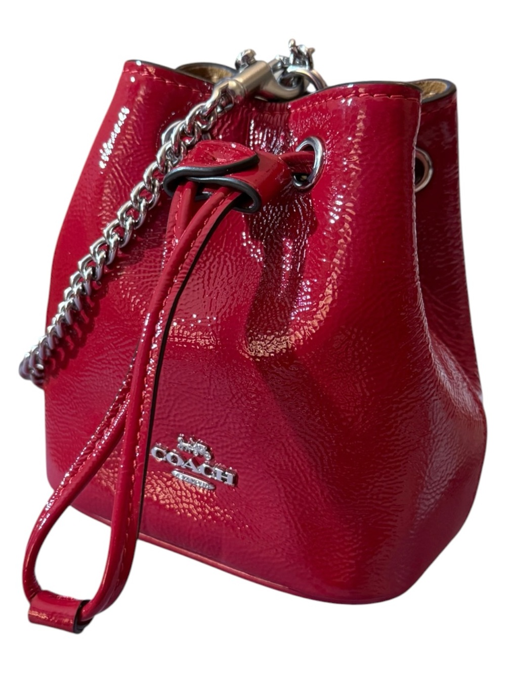 Coach Drawstring Wristlet Pouch Bag in Red Patent Leather with Silver, CZ028